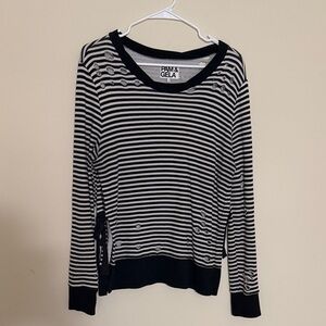Pam & Gela Black and White Striped Button-Accent Long Sleeve Top